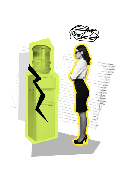 创意草图的趋势艺术作品，3D照片拼贴，空置办公室，企业家招聘，年轻女商人站在水冷却器旁的杂乱线条中。图片下载