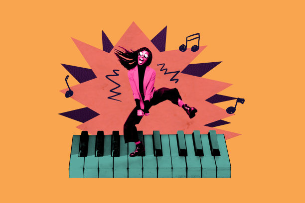 年轻女性在周末夜总会娱乐派对上跳舞的3D照片拼贴设计趋势模板，伴随着钢琴旋律和音乐休闲。图片下载