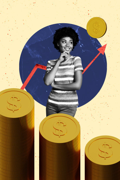 趋势艺术复合横幅 3D 照片拼贴，包含梯子、硬币、向上箭头、微笑的年轻女士、薪资、市场、金融、收益和金钱。图片下载