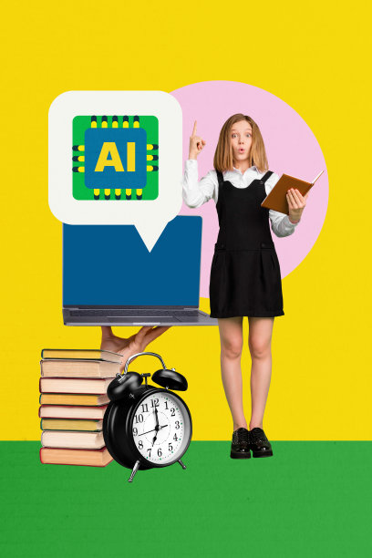 杂志风格的图像横幅，3D照片拼贴，快乐的女学生站在书堆上，手持笔记本电脑，接收人工智能应用的通知图片下载