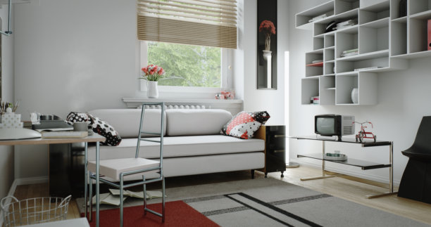 复古风格的客厅室内设计，配有鲜艳的装饰和实用的家具图片下载