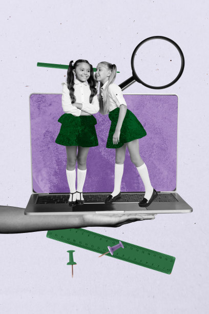 流行艺术杂志照片拼贴，两个快乐的女孩同学站在笔记本电脑键盘旁，学习者使用放大镜、尺子、铅笔和图钉，展现教育主题。图片下载