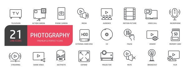 与电视、外部硬盘、电影、流媒体、360度照片相关的线条图标集合。轮廓图标合集。可编辑的线条。矢量插图。图片下载