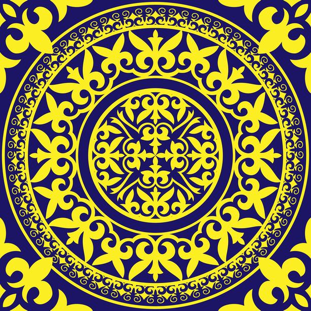 奢华的蓝色和黄色东方无缝方形图案，带有装饰性的圆形达玛斯克花纹、阿拉伯式图案和复古风格的花卉元素。方形瓷砖。适用于陶瓷、瓷器、刺绣、激光。图片下载