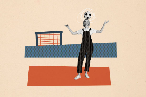 快乐的女运动员手持足球，头部玩耍，守门员在涂鸦背景前的合成照片拼贴。图片下载