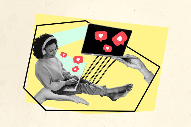 年轻女性网红的创意趋势拼贴，社交媒体心形图标，名声与人气的隐喻，迷幻风格的插画图片下载