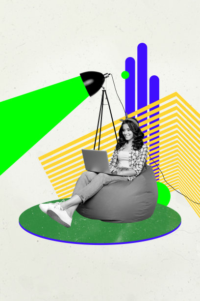 时尚的垂直杂志风格照片拼贴，快乐的女商人和男商人在灯光下站立，手持笔记本电脑，展示发展图表，象征成功。图片下载