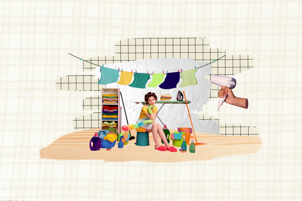 不满疲惫的女佣在洗衣日手持吹风机，衣物堆积在一旁，合成照片拼贴，背景为涂鸦风格。图片下载