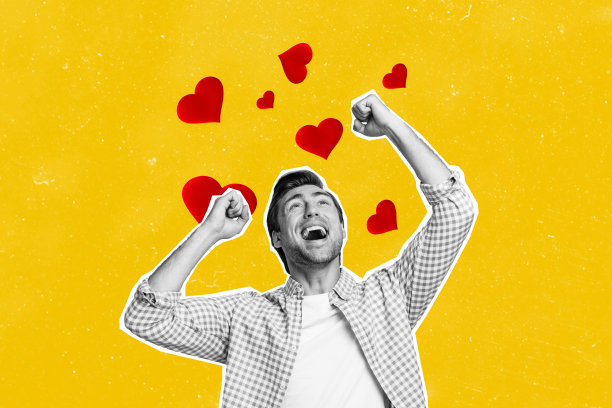 快乐男友的复合照片拼贴，浪漫情感、爱意、心形氛围，情人节，背景为涂鸦风格。图片下载