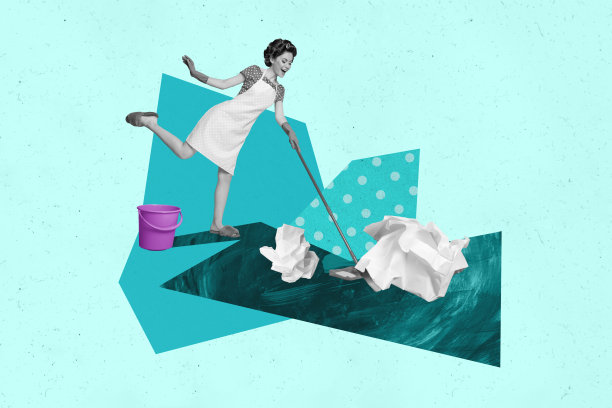 家居主妇任务的复合趋势艺术作品素描照片拼贴，母亲，女性，复古发型，清洁，拖把，纸球图片下载