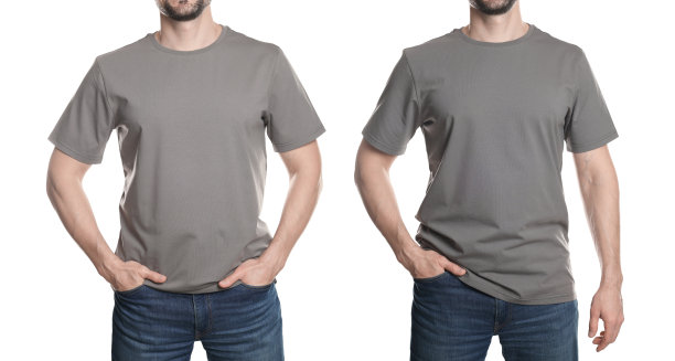 灰色T恤的男人特写。白色背景上的照片拼贴。设计的样板。图片下载