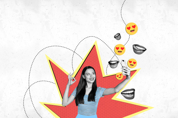 创意照片拼贴，年轻快乐的女性做出“好的”手势，表示认可，自拍，博主情感反馈，影响者图片下载