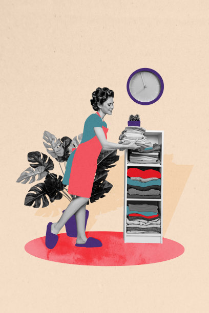 快乐家庭主妇在涂漆背景前整理衣柜架上的折叠衣物和植物的竖版照片拼贴。图片下载