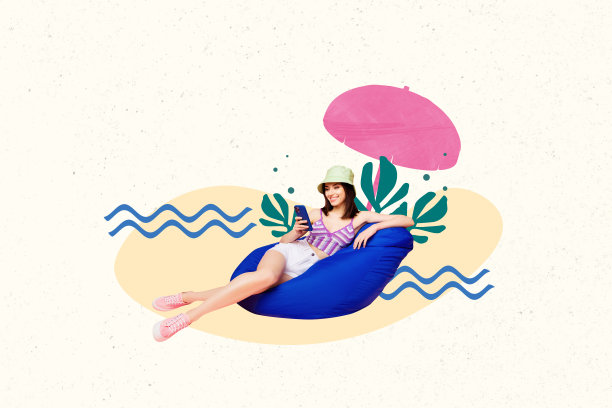 创意3D照片拼贴趋势模板，年轻女士坐在豆袋椅上，手持智能手机和雨伞，身处海外度假海滩，享受夏日假期。图片下载