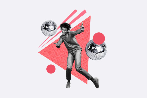 快乐的美国男士在周末派对上跳舞的拼贴照片，背景为涂鸦风格，配有迪斯科球、耳机和音乐元素。图片下载