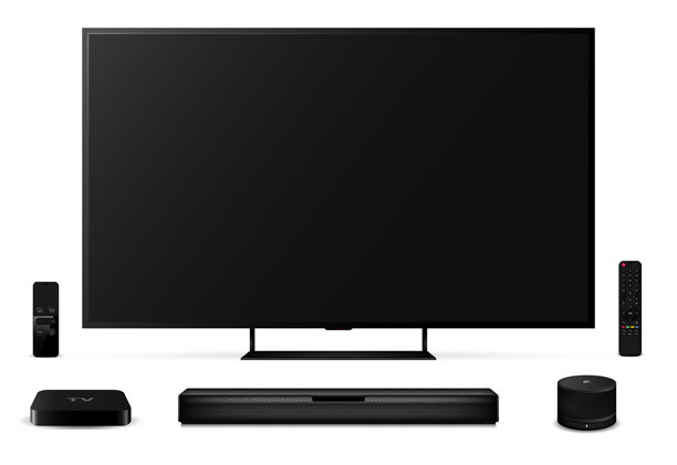 逼真的OLED电视屏幕，配有遥控器、音响条、机顶盒和智能音箱，背景为白色。图片下载