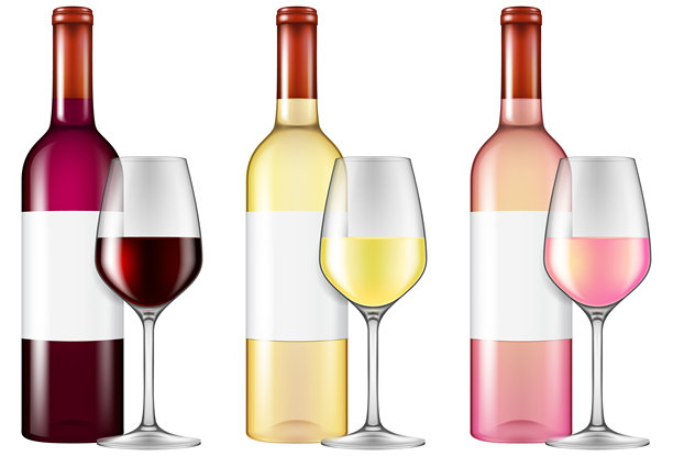 红酒、白酒和桃红酒的酒瓶和酒杯。图片下载