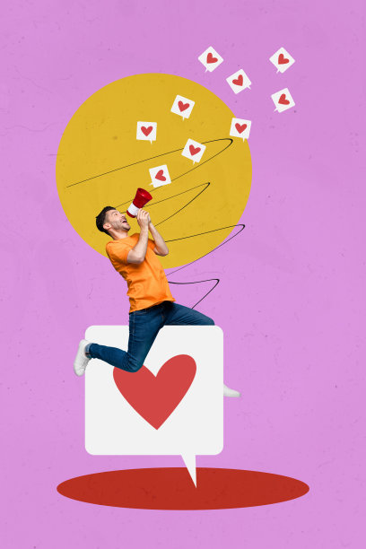 趋势艺术素描图像照片拼贴，展示年轻男性坐着手持扩音器，表达心形通知反馈，博客影响者。图片下载