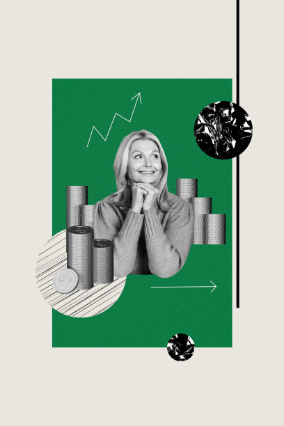 快乐的金发女孩的垂直照片拼贴，展示了硬币、美元收入、箭头、利润、发展、成功、贸易和职业，背景为涂鸦风格。图片下载