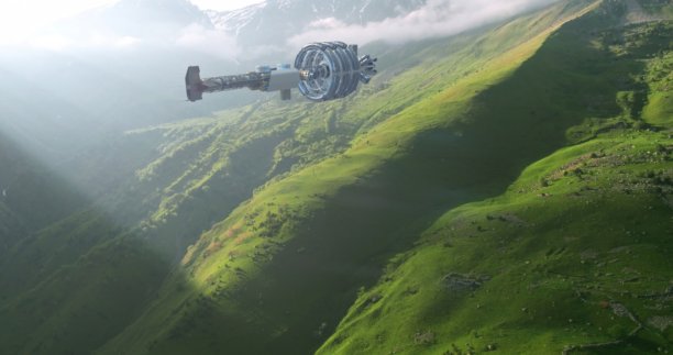 这张照片展示了一艘单一的外星飞船在阳光明媚的山脉上空低悬。图片下载