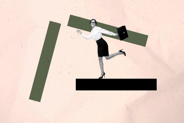 时尚海报艺术照片拼贴，展示快乐的女商人和男商人，跑步图表发展统计，目标成就进展图片下载