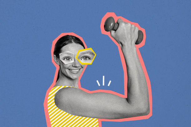 快乐女孩的拼贴照片，手持哑铃，展示肌肉，健身锻炼，健康生活方式，背景为涂鸦风格。图片下载