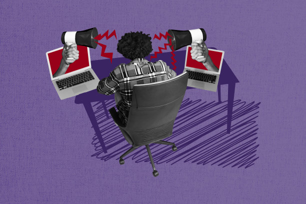 创意图片拼贴，工人员工坐在办公室桌子前，工作空间里有笔记本电脑和显示屏，使用扩音器宣布，工作过载的工作狂。图片下载