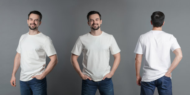 穿白色T恤的男人。灰色背景上的照片拼贴。设计的样板。图片下载