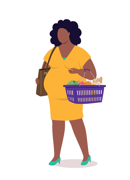 一位胖胖的黑人孕妇一边走一边提着装满杂货的购物篮。外出办事。购物者。图片下载