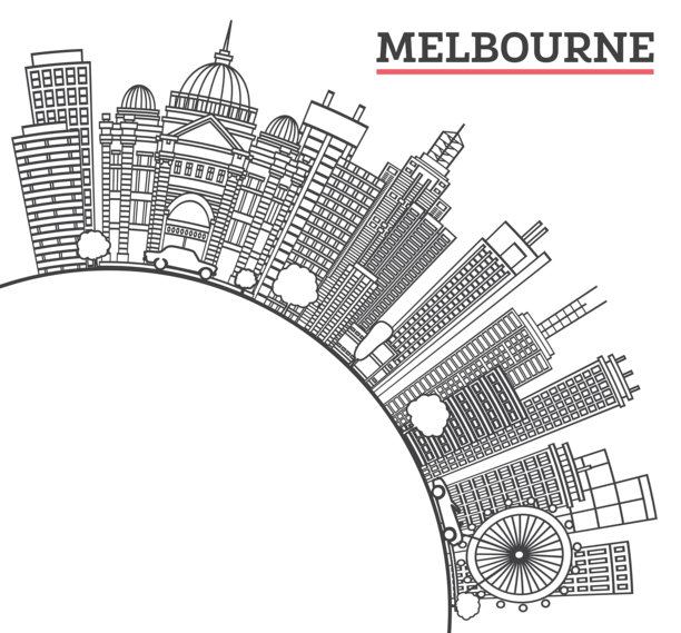 墨尔本澳大利亚城市天际线，现代与历史建筑轮廓，独立于白色背景。墨尔本城市风景，包含地标和留白空间。图片下载