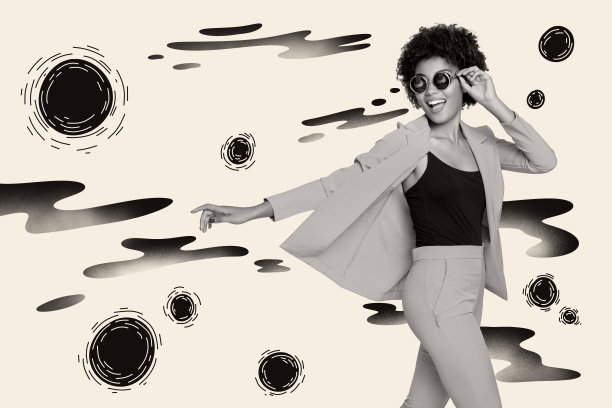 时尚年轻女性模特佩戴太阳镜的照片拼贴，杂志封面，愉快的笑声，积极的心情，时尚摄影会图片下载