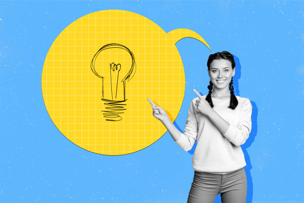 快乐女孩的合成照片拼贴，展示手指指向文本框通知，LED灯泡创意概念策略，背景为涂鸦风格。图片下载