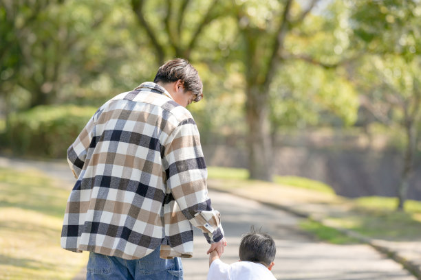 在日本的一个阳光明媚的森林公园里，一个3岁的日本男孩与他的父亲手牵手地走着。这张照片从背后拍摄，展现了春季散步时一个安静而温馨的瞬间。图片下载