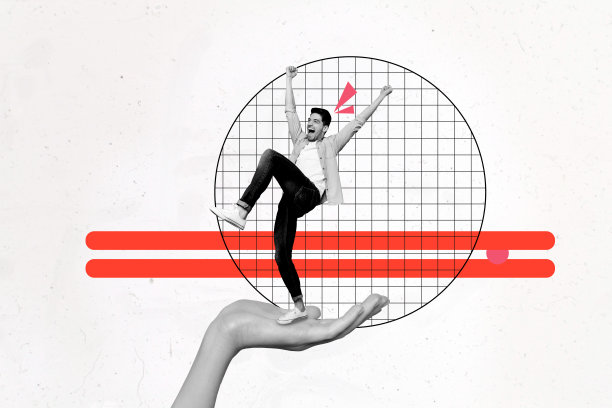 时尚艺术创意全彩杂志照片拼贴，快乐的男商人和女商人站在发展统计进展图表前，展示职业生涯。图片下载