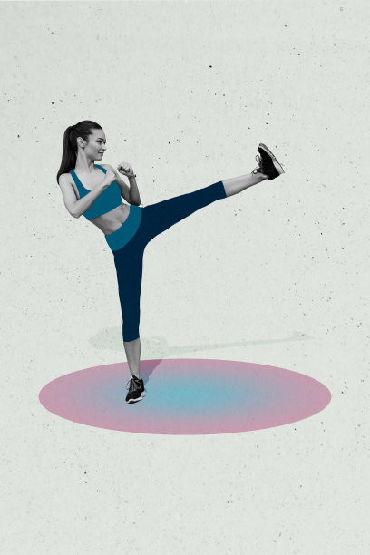 运动生活方式的合成趋势艺术作品草图照片拼贴，展示年轻女性在健身训练中伸展、踢打和腿部力量的拳击动作。图片下载