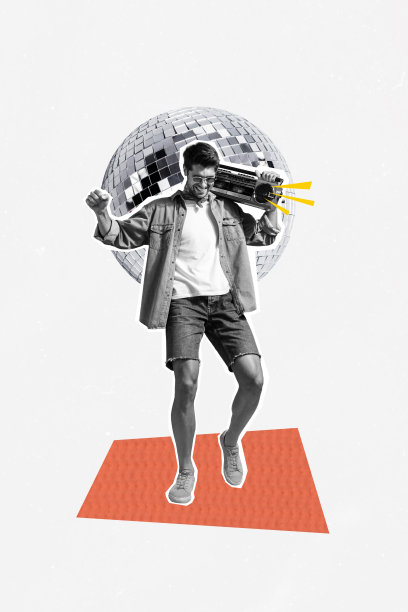 快乐的嬉皮士男孩手持复古音响和迪斯科球，派对场合放松，背景为涂鸦风格的垂直照片拼贴。图片下载