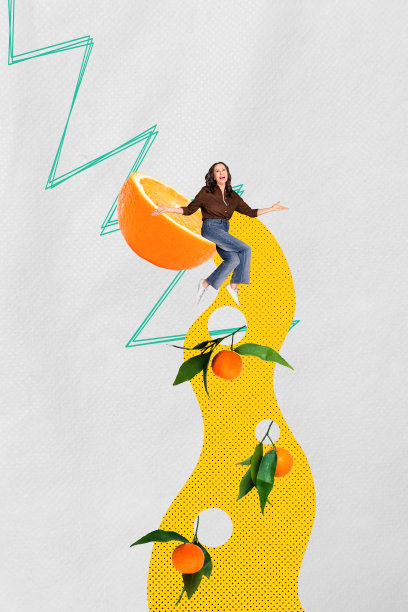 趋势艺术合成素描图像 3D 照片拼贴，超现实空间线道上坐着一位年轻女性，半身浸泡在橙汁饮料中。图片下载