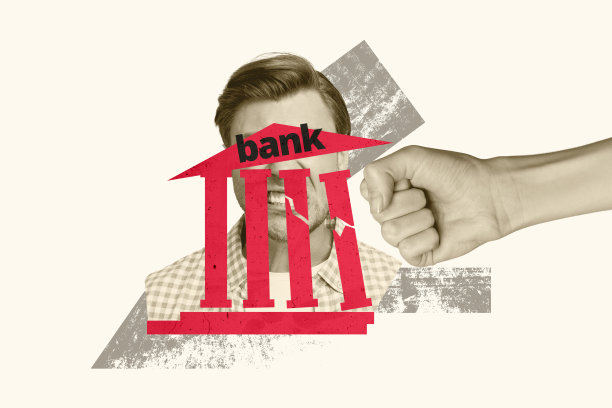 创意3D照片拼贴艺术模板，银行大楼、年轻男子、拳头攻击、货币贬值、外汇投资者收益、预算经济图片下载