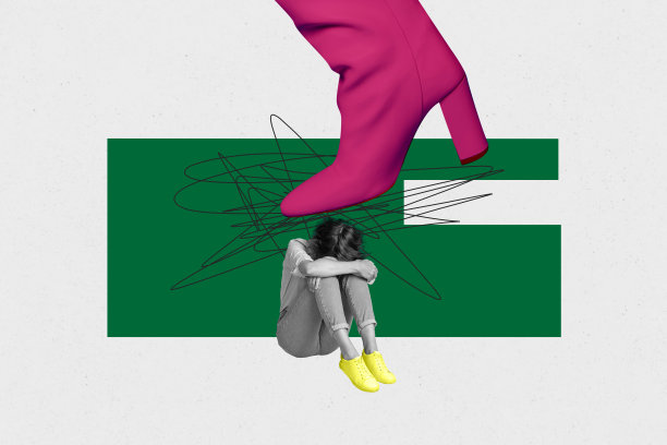 年轻女性坐着，情绪低落，感到压力，穿着巨大的粉色高跟靴，展示了拼贴照片设计趋势的草图。图片下载