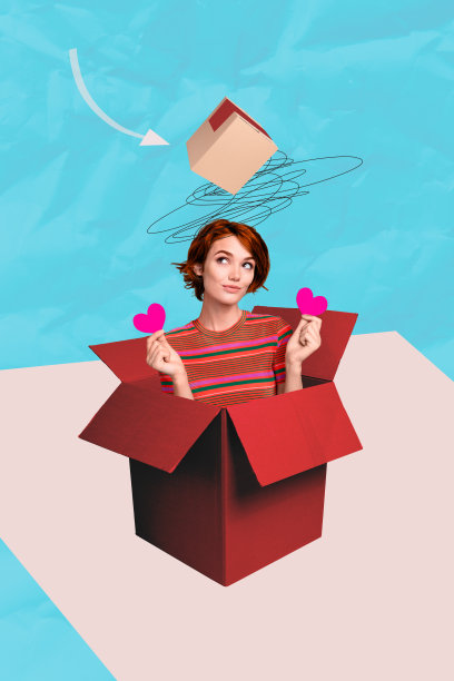 年轻女士手持心形物品，出现在创意照片拼贴艺术作品中，支持分享慈善、慷慨和善良的捐赠。图片下载