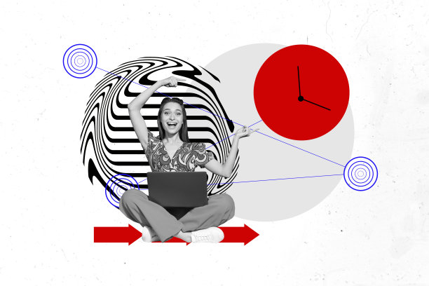 趋势艺术横幅照片拼贴，年轻女士坐着，手持笔记本电脑，手势指向解决问题的方向。图片下载