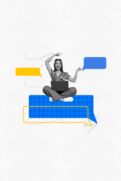 艺术图像，垂直照片拼贴，快乐女孩手持笔记本电脑，打字信息，沟通图标，聊天框对话。图片下载