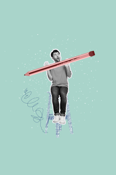 垂直艺术创意杂志照片拼贴，快乐的女孩和男孩坐在凳子上，涂鸦、握着铅笔，创作艺术作品。图片下载