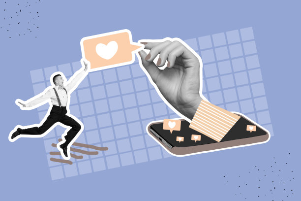 艺术图像，完整的3D照片拼贴，快乐的女孩和男孩站在智能手机设备旁，心形图标，社交网络，热门内容反馈图片下载