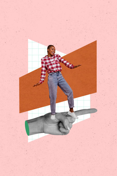 3D照片拼贴趋势草图模板，快乐的女商人和男商人站立，手指向成功职业晋升的方向图片下载