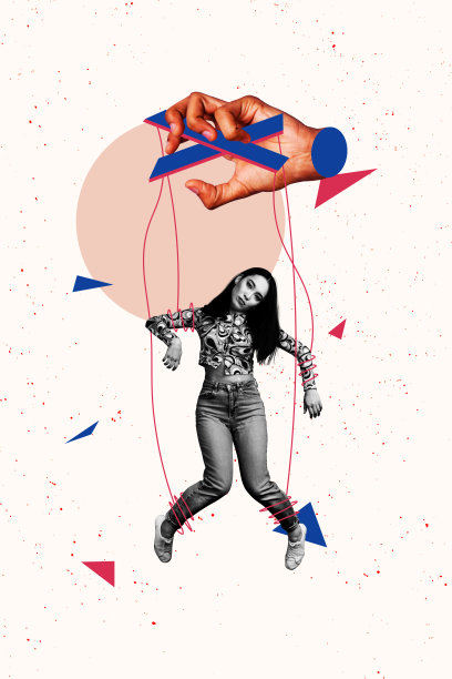 3D照片拼贴趋势草图模板艺术作品，表现出一位无助的年轻女性悬挂在空中，手腕握住绳索，像个被操控的木偶。图片下载