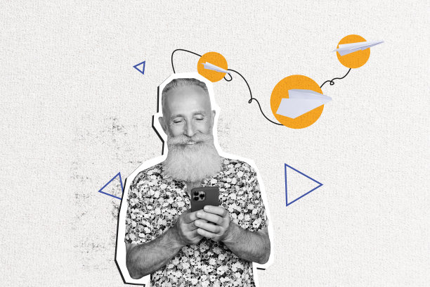 趋势艺术素描合成3D照片拼贴，剪影纸飞机传递信息，飞翔的折纸，老年人手持智能手机，打字聊天博客图片下载