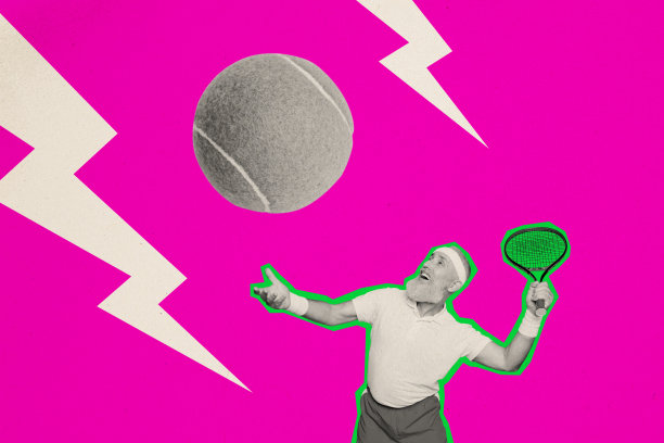 复合趋势艺术作品草图，3D照片拼贴，运动努力，动态轮廓，年长男性打网球，挥动球拍投球。图片下载