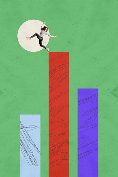 趋势艺术作品草图图像照片拼贴，展示年轻女商人在高平台上跳下，分析交易员的统计数据和财务预算。图片下载