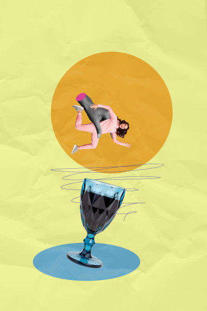 快乐女孩纵向照片拼贴，手持酒杯，享受周末放松的酒吧娱乐活动，背景为涂鸦风格。图片下载